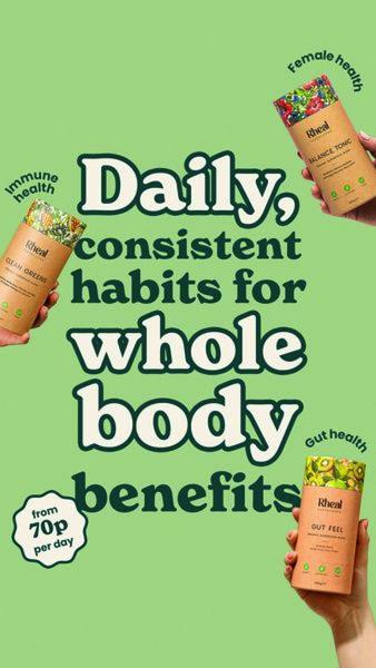 This creative showcases multiple supplement products with clear, lifestyle-focused text overlays highlighting specific health benefits against a consistent background.
